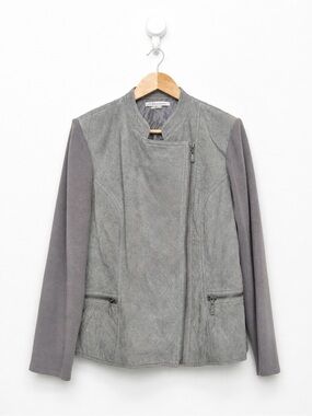 Quilted Suede Moto Jacket - Grey Knit Sleeves - Minimalist - Size L